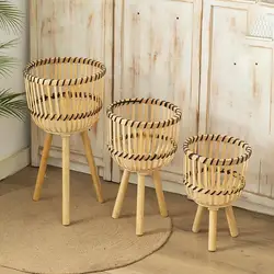 Support de plante tissé avec pieds, jardinière décorative en bois, panier en bambou tissé à la main pour plantes d'intérieur, plantes en pot, fleurs