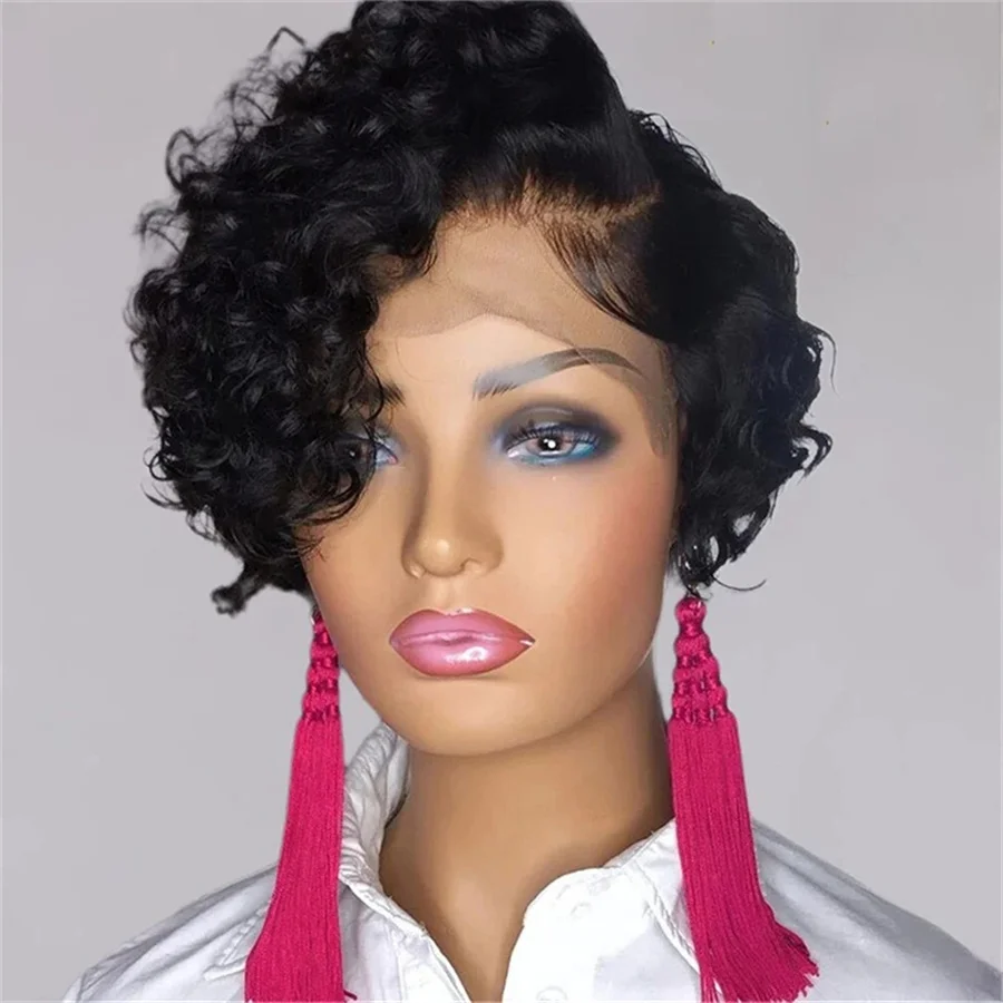 

6inch 150% density black color 13x1 Tpart lace short curly human hair wig daily party cosplay use remy hair wig for women