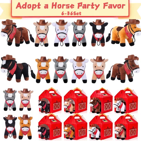 6-36 Set Adopt a Horse Party Favor Stuffed Horse With Boxes Tiny Cowboy Hats Scarves Horse Stuff Keychain Animal Birthday Gifts