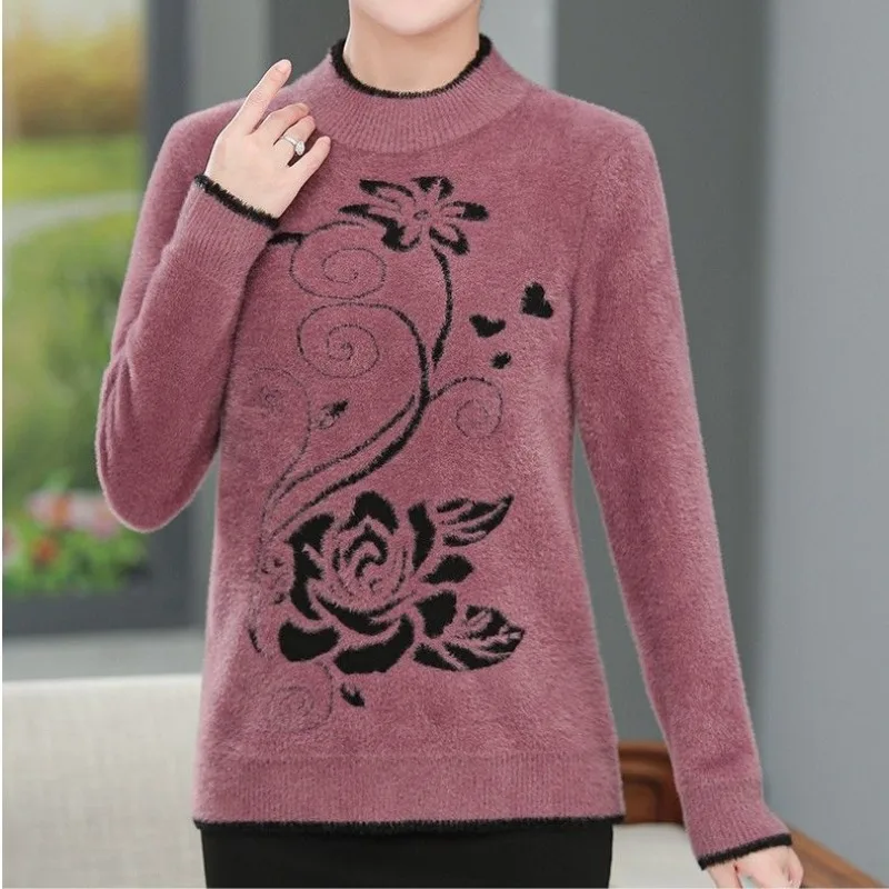 

Women's Autumn Winter Pullover Turtleneck Screw Thread Solid Floral Flocking Long Sleeve Sweater Knitted Undershirt Casual Tops