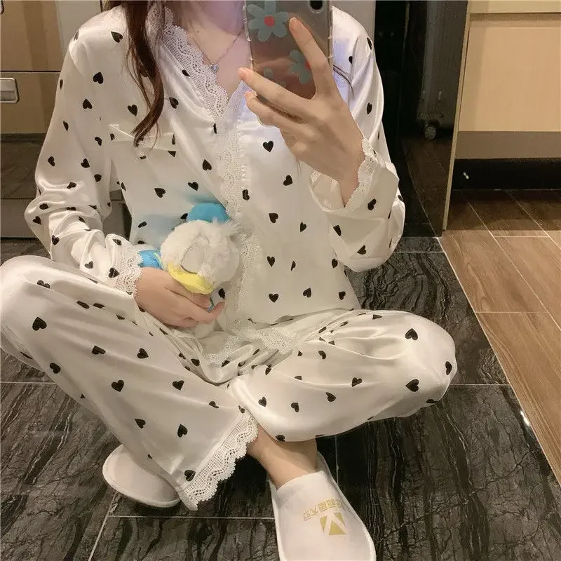 Cute Women\'s Pajamas Heart Print Sweet Sleepwear Ladies Homewear Spring Korean Fashion Lace Pijama Long Sleeve Thin Nightwear