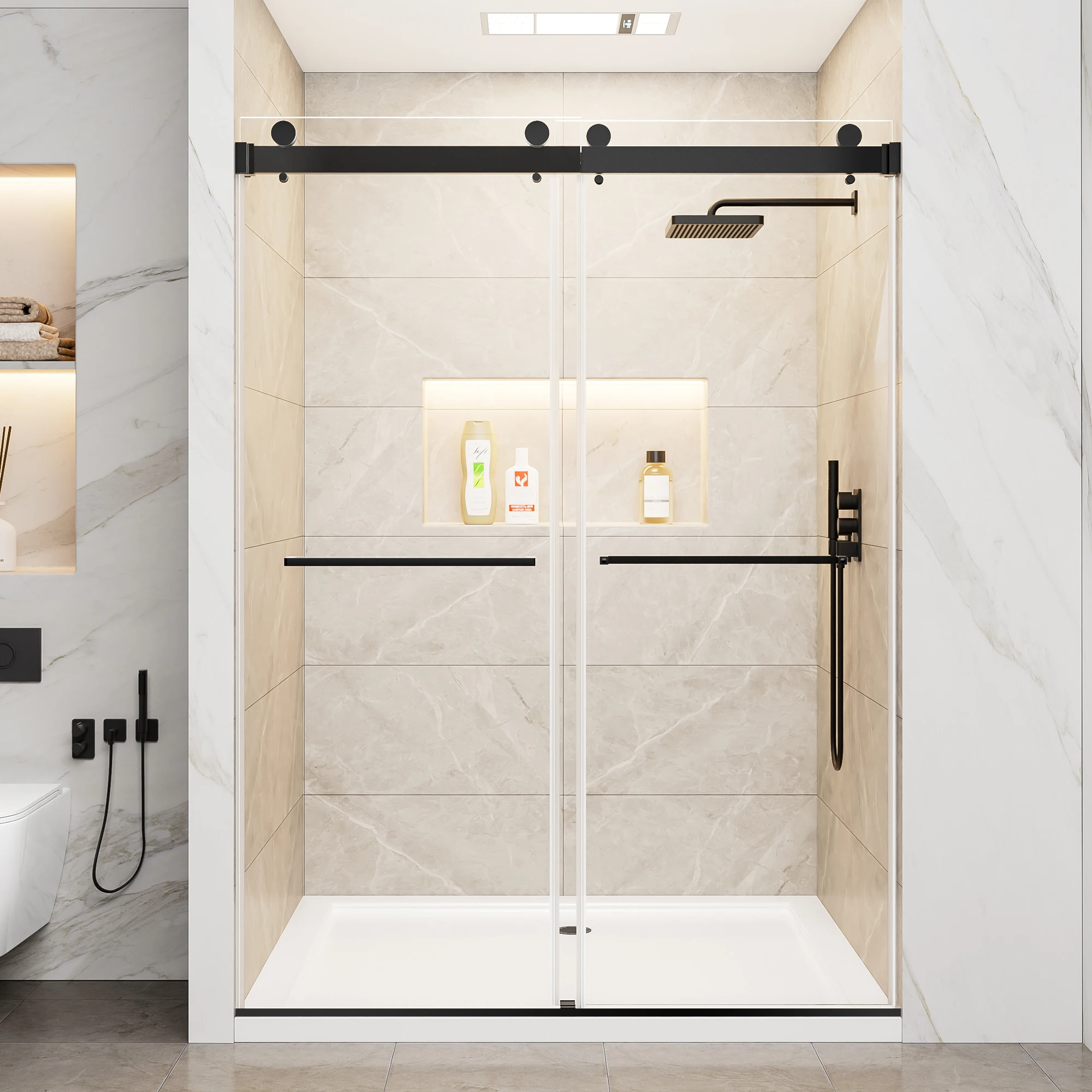 

60 x 78 дюймов Матовая черная безрамная двойная раздвижная душевая дверь, прозрачное закаленное стекло 10 мм с пленкой, ручки из нержавеющей стали