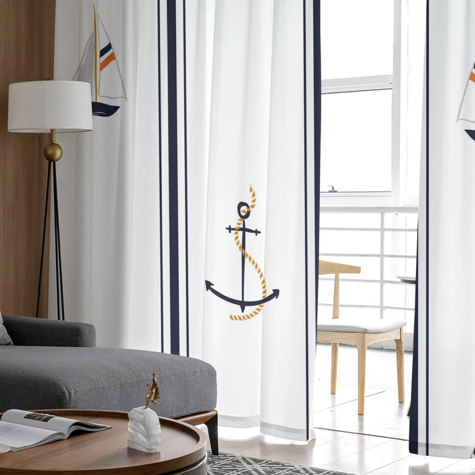 Boat Anchor Stripes Rectangle White Tulle Sheer Window Curtains for Living Room the Bedroom Voile Decorative Curtains Drapes