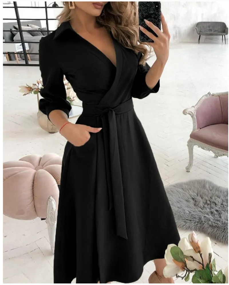 

2024 Women's Spring/Summer Leisure Solid Color Fashion Long sleeved V-neck Printed Wrapped Hip Dress