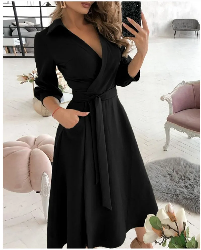 2024 Women\'s Spring/Summer Leisure Solid Color Fashion Long sleeved V-neck Printed Wrapped Hip Dress