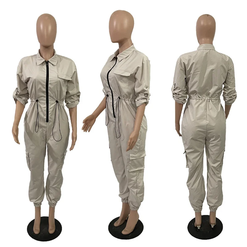 Front Zipper Turn-down Collar Bodycon Jumpsuit Women Cargo Pants Drawstring Waist One Piece Romper Pocket Sporty Casual Overalls