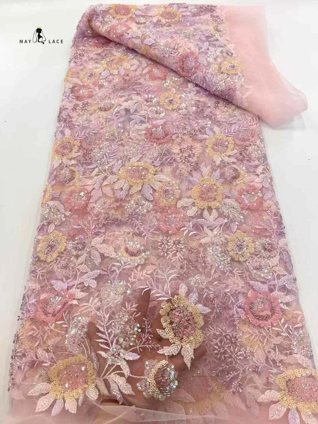 

African French Mesh Lace Beaded Fabric Newest 2025 Nigerian Net Mesh Lace Fabric with Sequins for Women Wedding Party Dresses