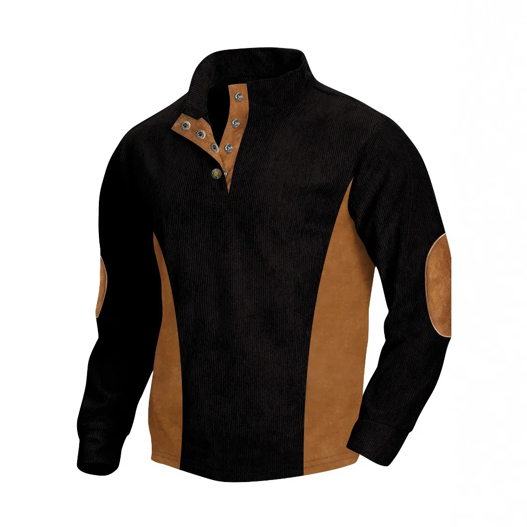 

2025 Autumn Winter Fashion Men's Pullover Outdoor Casual Buttoned Stand Collar Long Sleeve Pit Strip Corduroy Sweatshirt Coat