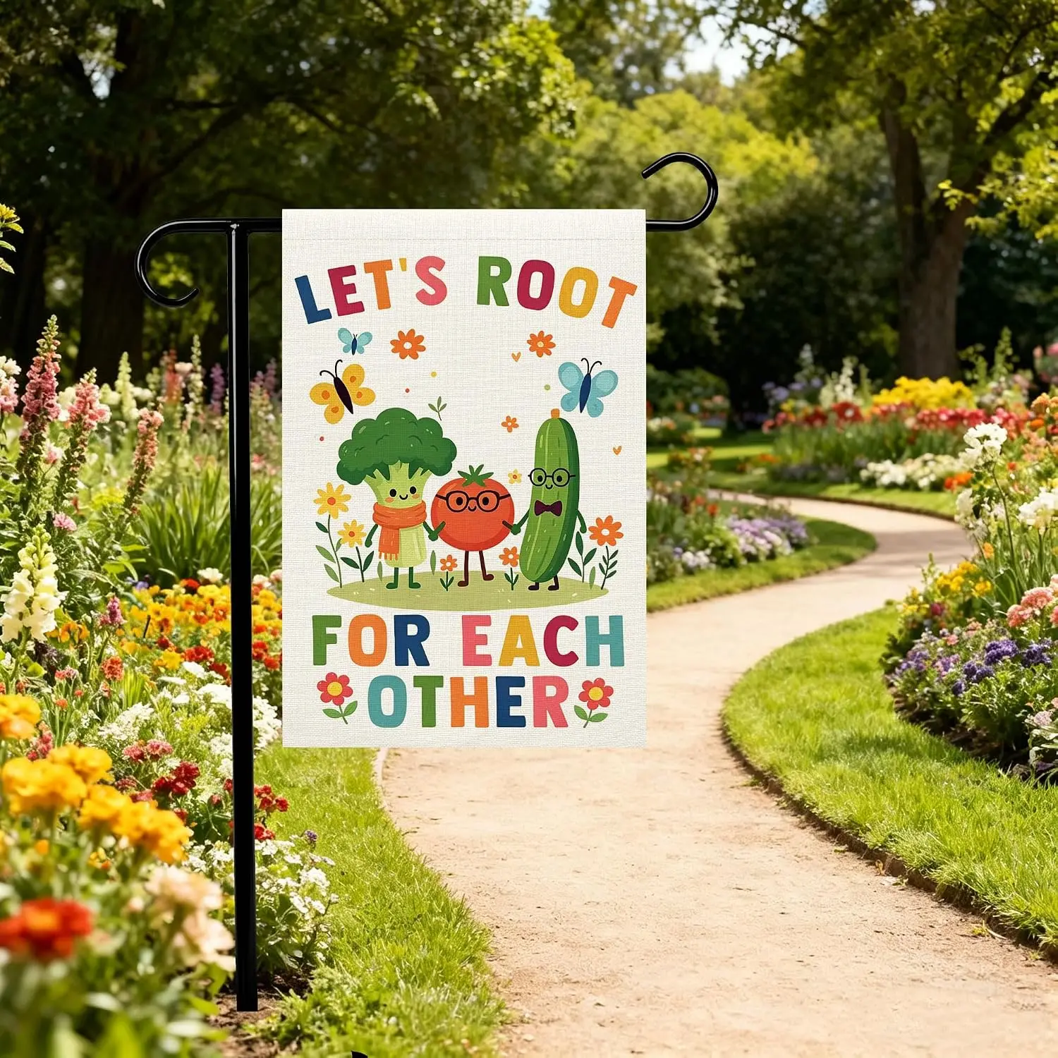 Let's Root For Each Other Cute Vegetable Garden Flag, Cartoon Broccoli Tomato Cucumber Yard Flag, Colorful Positive Quot kkz