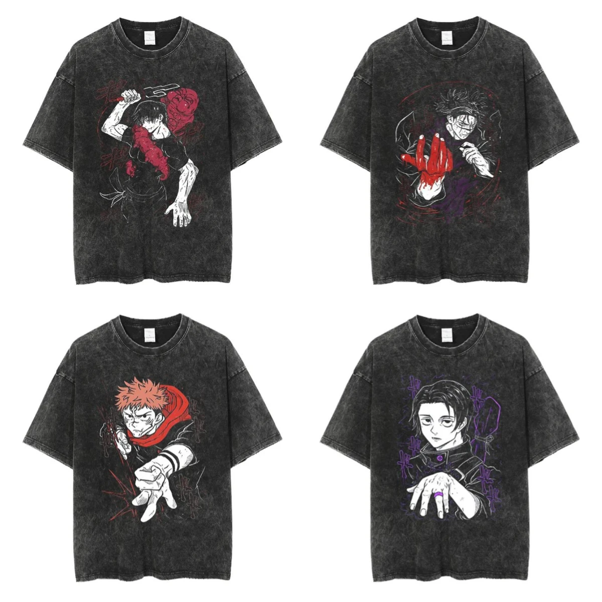 

Official JUJUTSU KAISEN Black Washed Tee Men's Toji Fushiguro Print with Red Cursed Energy & Distressed Effect Anime Top​