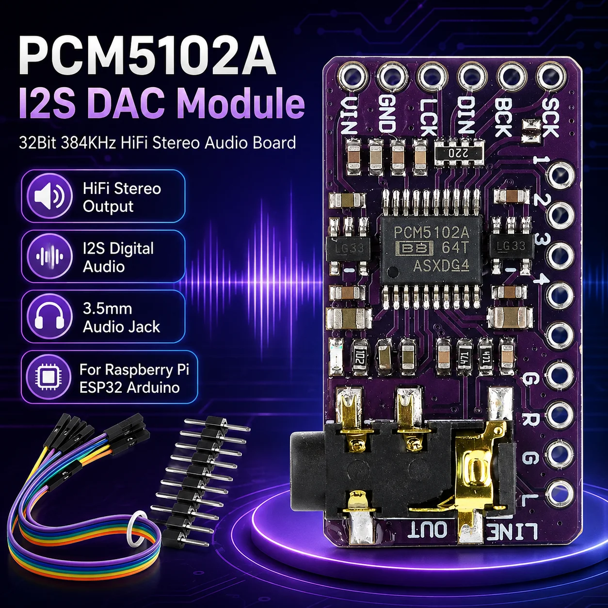PCM5102A I2S DAC Decoder Module 32Bit 384KHz HiFi Stereo Audio Board PHAT Format for Raspberry Pi ESP32 Arduino