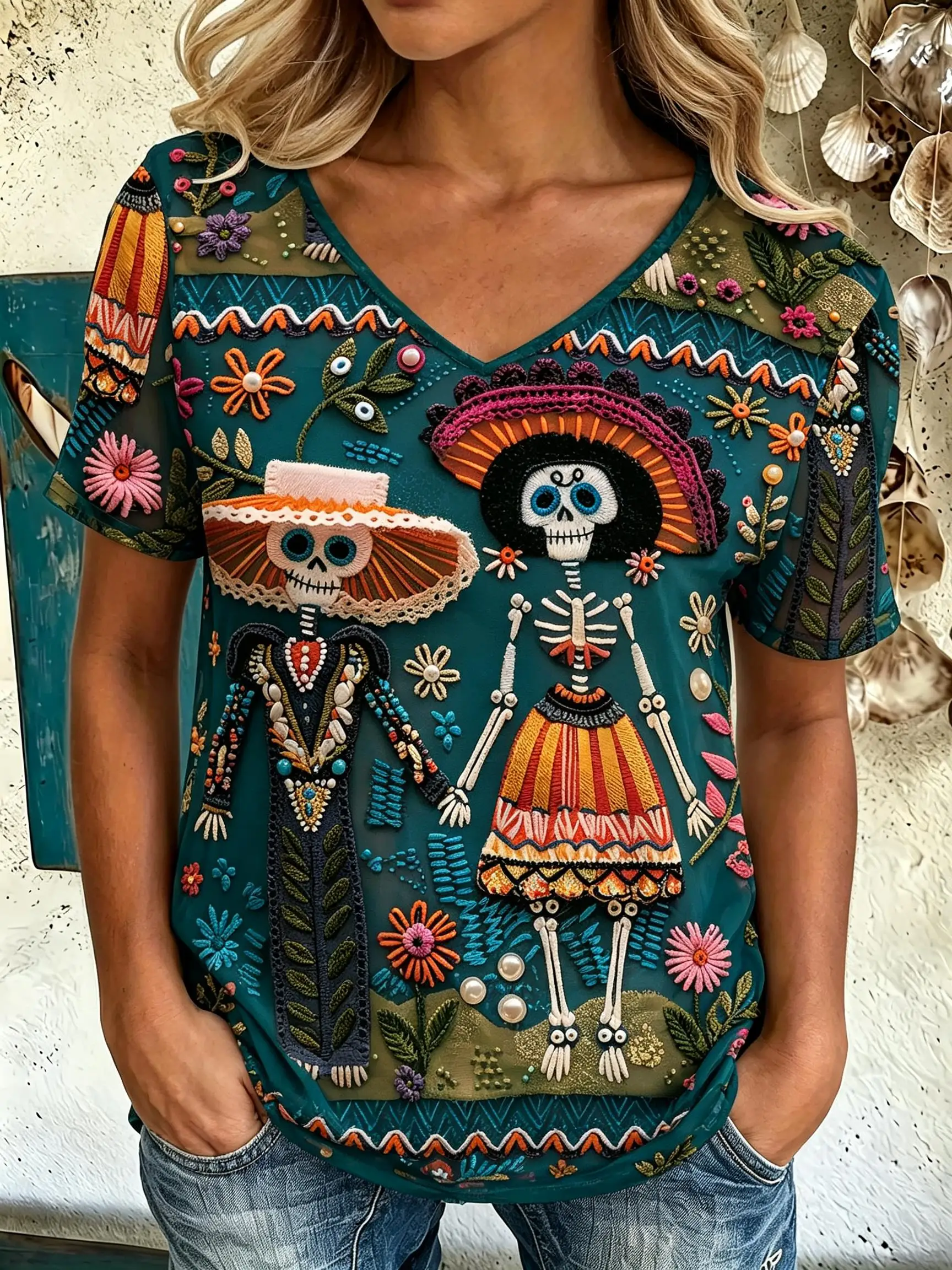 Women V‑Neck Short Sleeve T‑Shirt Halloween Graphic Print Tees Forest Witch Moon Day Of The Dead Skeleton Casual Loose Tops