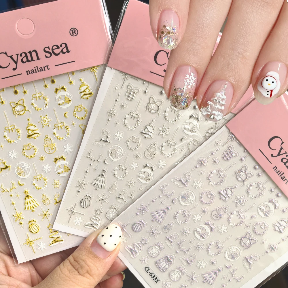 3-colors Christmas Tree Snowflakes 3D Nail Art Stickers, Gold/Silver/Aurora Glitter Christmas Tree Manicure Decals Nail Supplies