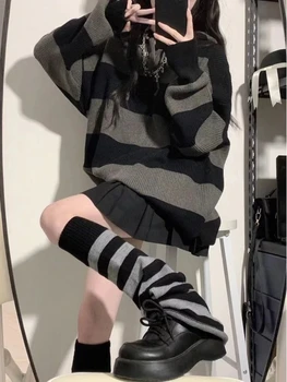 Women's Striped Y2K Hooded Sweater 2 2000s Subculture Striped Loose Casual Korean Fashion Hooded Sweaters Y2k American Vintage High-End Sweaters Harajuku Pullovers 2