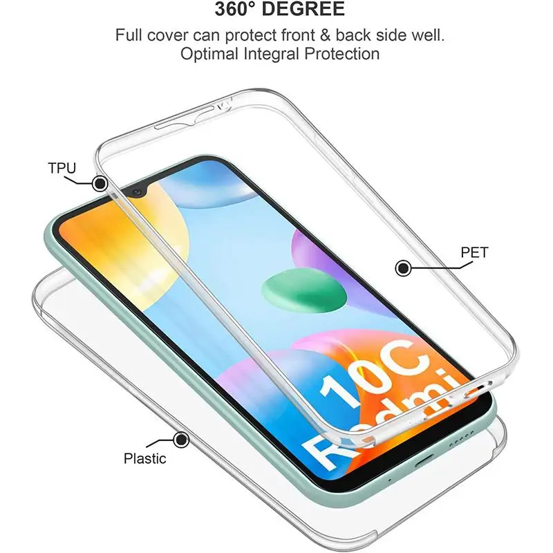 360 Full Cover TPU+PC Phone Case For Xiaomi Redmi 10C Anti-Yellowing Clear Front Back Full Body Protective Cover For Redmi 10C