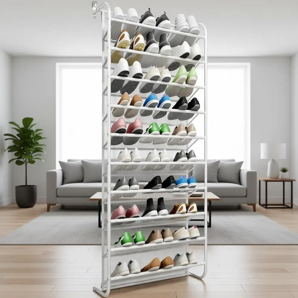 

10-Tier Door-Mounted Shoe Organizer - White for Wall, Closet, Pantry Storage of Shoes, Clothes, and Toys