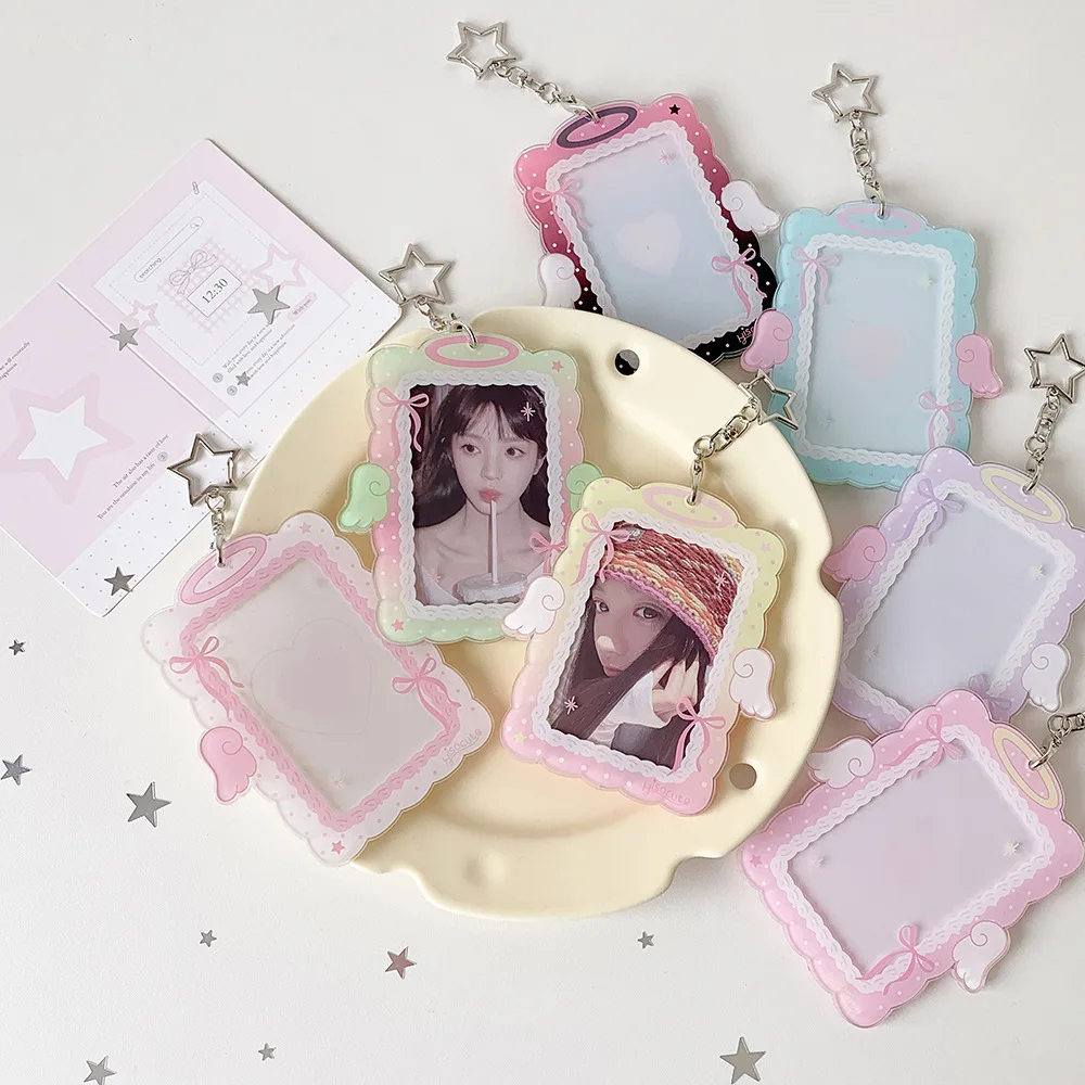 Sweet Girl 3 Inch Angel Wings Keychain Photocard Holder Hollow See-Through ID Card Case for Kpop Fan Student Cute Pendant
