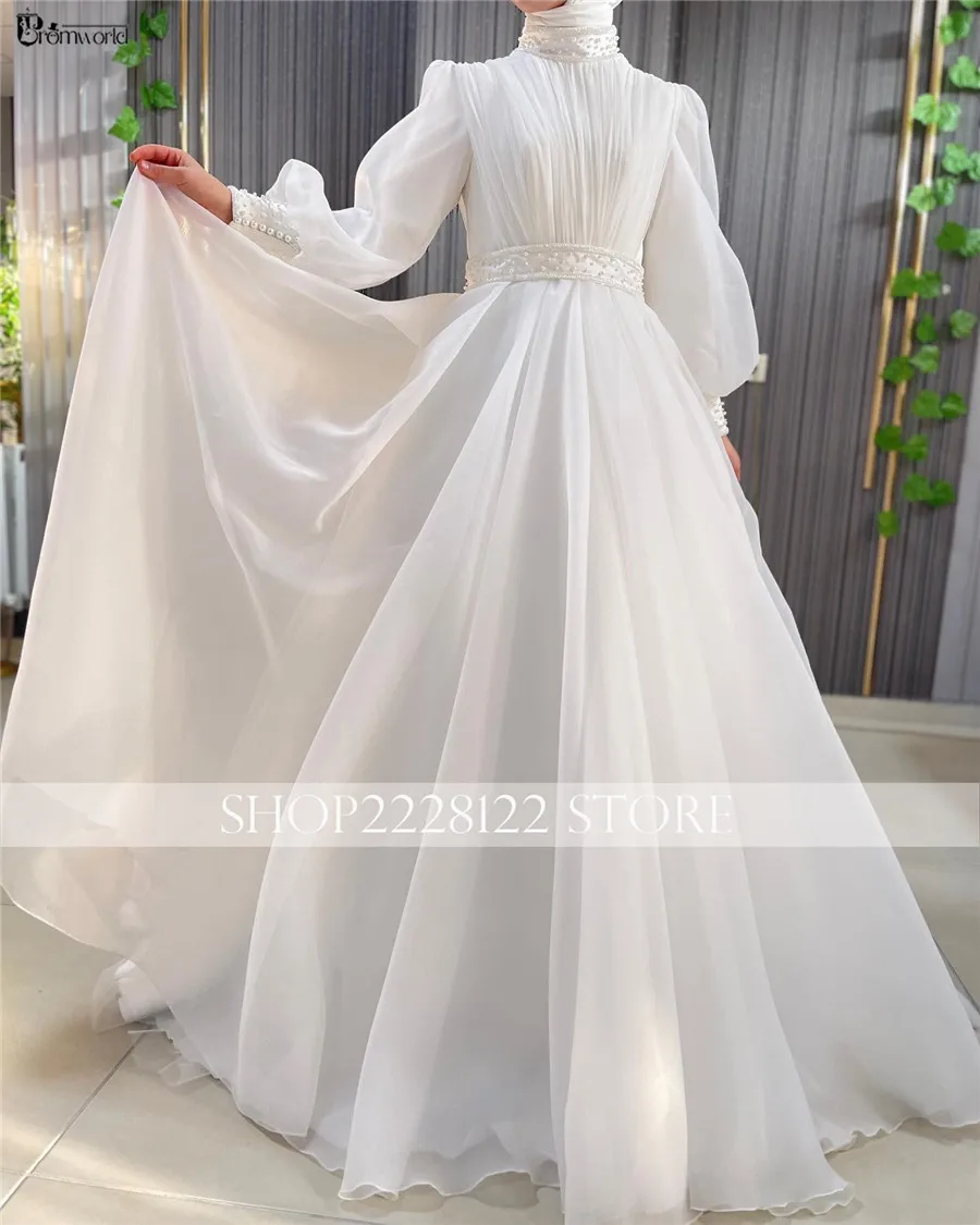 A-Line Hijab Muslim Wedding Gown 2024 Vestido De Noiva Long Sleeves High Neck Pearls Organza Dubai Arabic Bride Dress