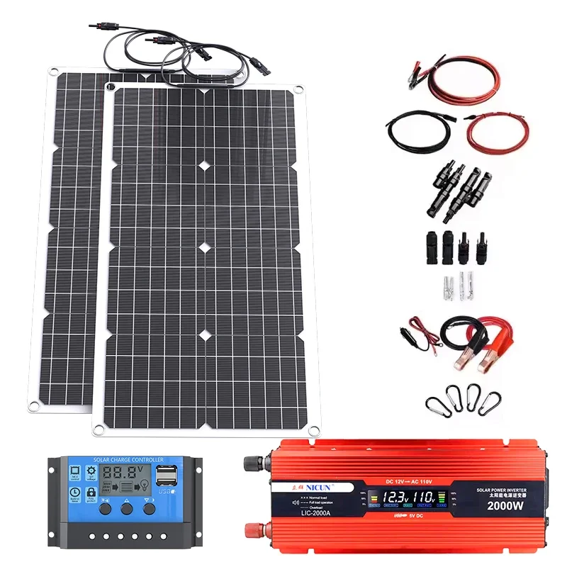 2000W off-grid zonne-completekit-voeding met 100A MPPT-controller, 110V 220V omvormer en 10AH 30AH LiFePO4-batterij voor thuis/camper/kamperen