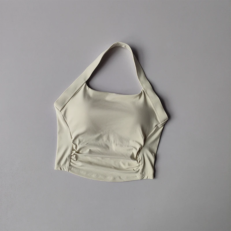 Neckholder-Sportunterwäsche mit festen Brustpolstern, Fitness-Plissee-Yoga-Anzug, integrierter BH, sexy Träger, schöner Rücken. – Detail 3