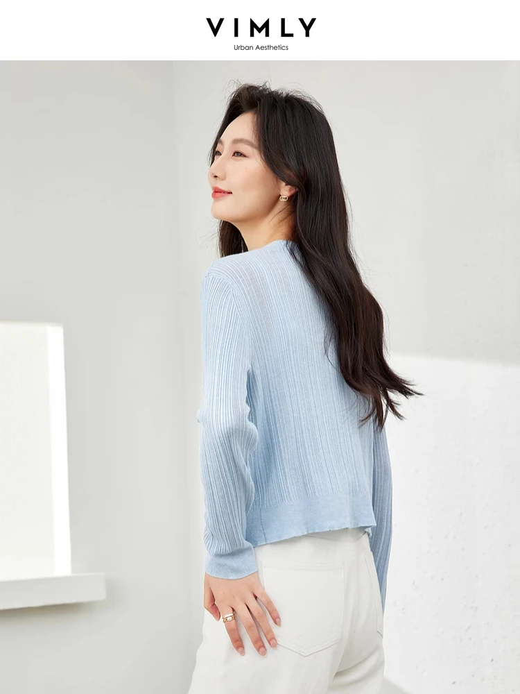 Vimly Wool Blend V-neck Knitted Cardigan Woman 2024 Spring New Light Blue Elegant Soft Knit Sweater Coat Female Knitwear 72792