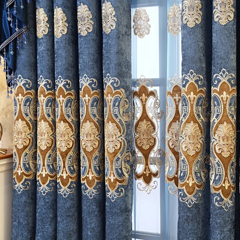 Custom European blue Chenille embroidered shading living room thick cloth blackout curtain tulle valance drape C1731