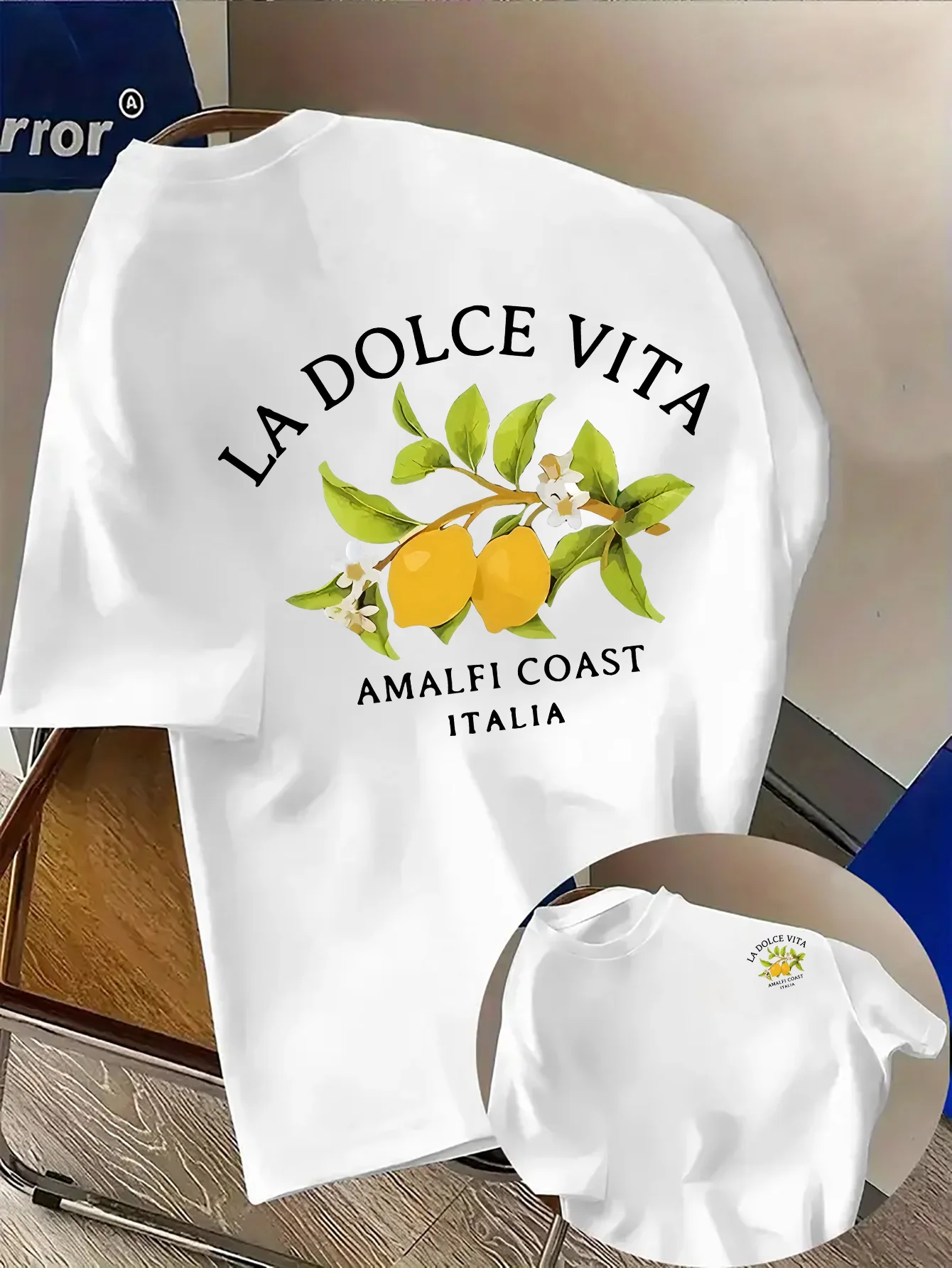 Amalfi Coast Lemon Branch Print with La Dolce Vita Text on  Cotton Mens T Shirt Great for Summer Vacation and Casual Outings