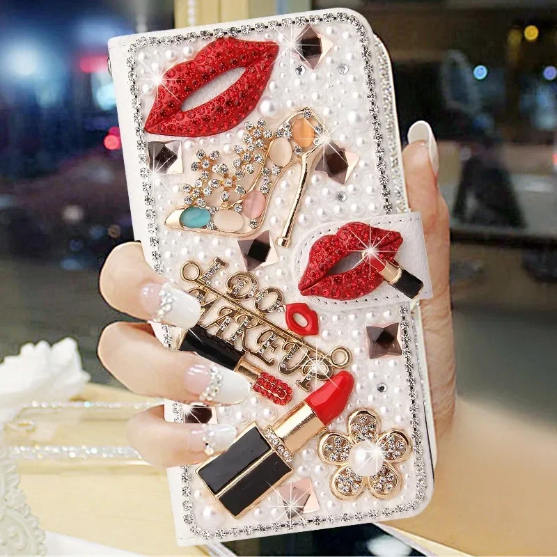 Luxury Crystal Rhinestone Wallet Leather Diamond Phone Case For iPhone14 15 12 13Pro Max XR 16 plus Pearl Flower Lipstick Cover