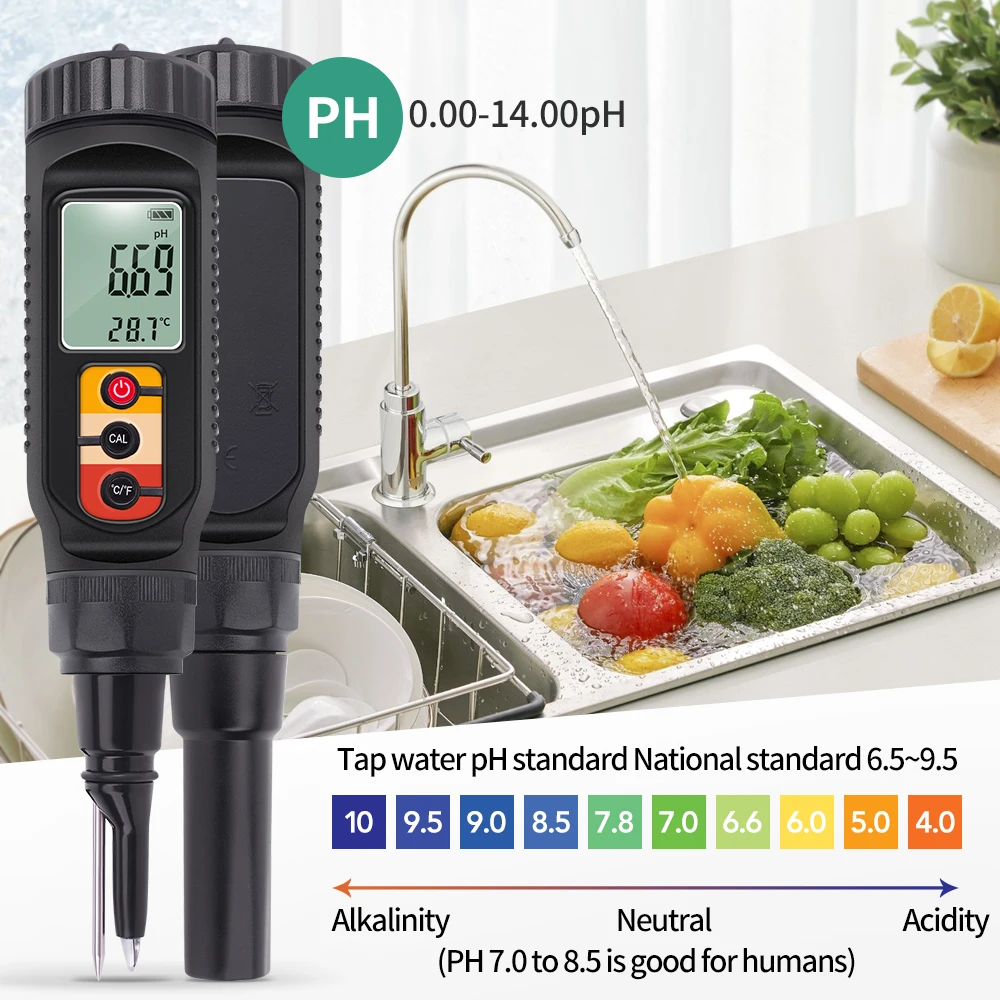 Digital Food PH Meter Water Temp Acidity Tester for Dough Fruit Cheese Meat Bread Soil PH Meter 0.00~14.00 High Accuracy