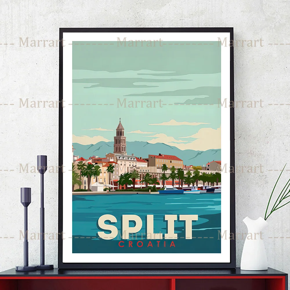 Canvas Print Stad Landschap Illustratie Abstracte Kunst Poster Print Algarve,San Sebastian,St Tropez,Malta,Bilbao,Vintage Muurkunst