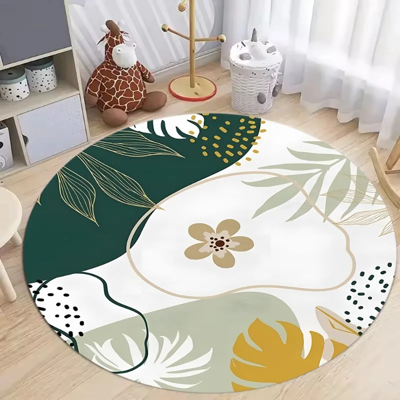 Modern Botanical Round Rug - Abstract Floral & Leaf Motif in Sage Green Non-Slip Soft Floor Mat for Serene Nursery Decoration