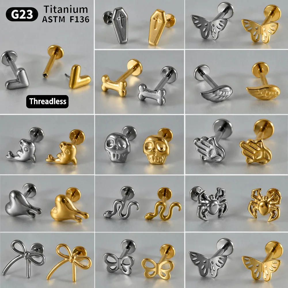 1PC G23 Titanium Skull/Crown/Butterfly Labret Ring Threadless helix Piercing Heart Daith Earring Body Piercing Jewelry 16G