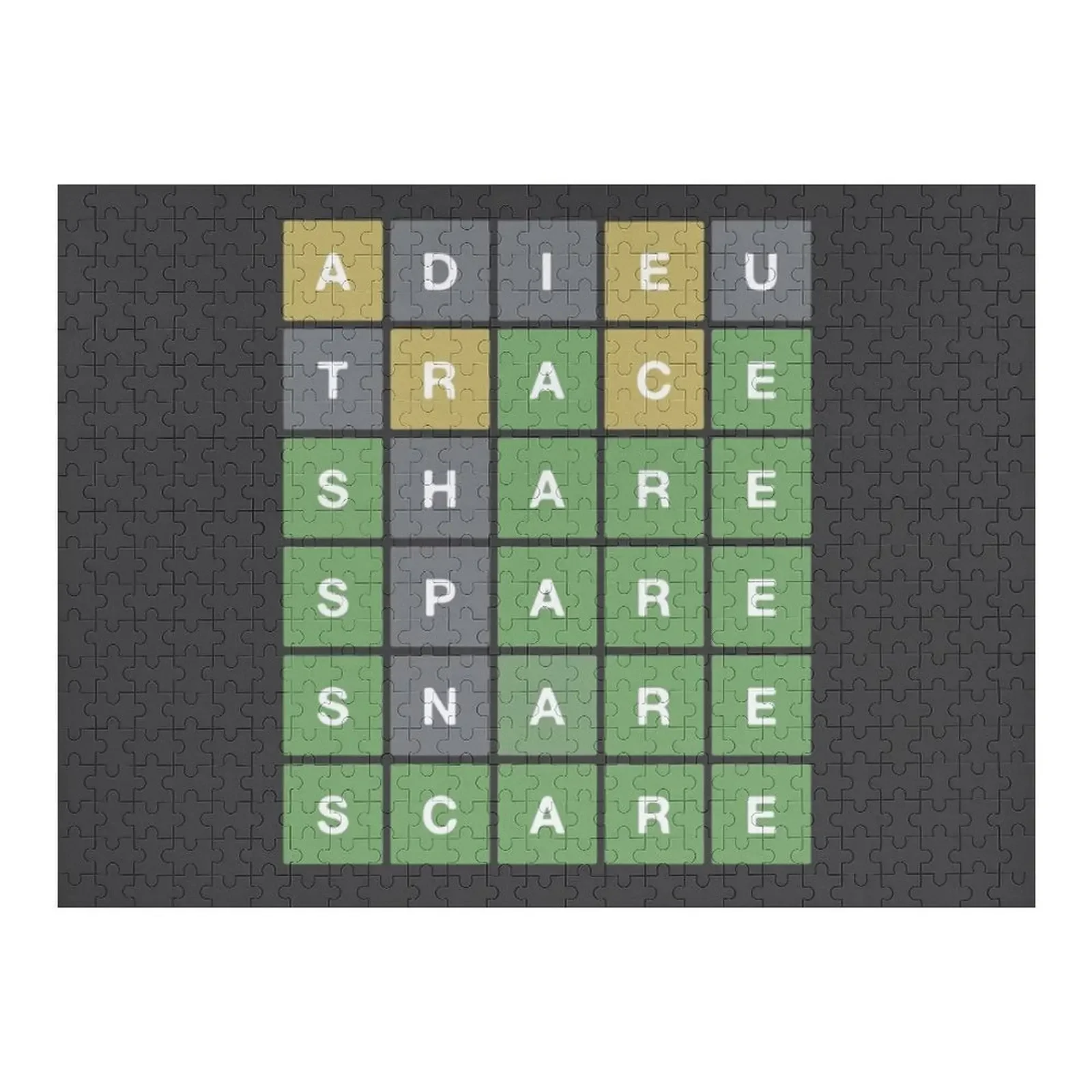 

Enjoy with Wordle Puzzle Game - Adieu, Trace, Share, Spare, Snare, Scare Jigsaw Puzzle Custom Gifts Custom Jigsaw Puzzle