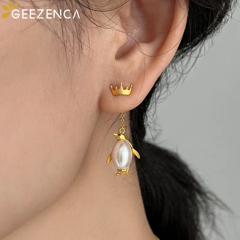 925 Sterling Silver Pearl Emperor Penguin Dangle Earrings