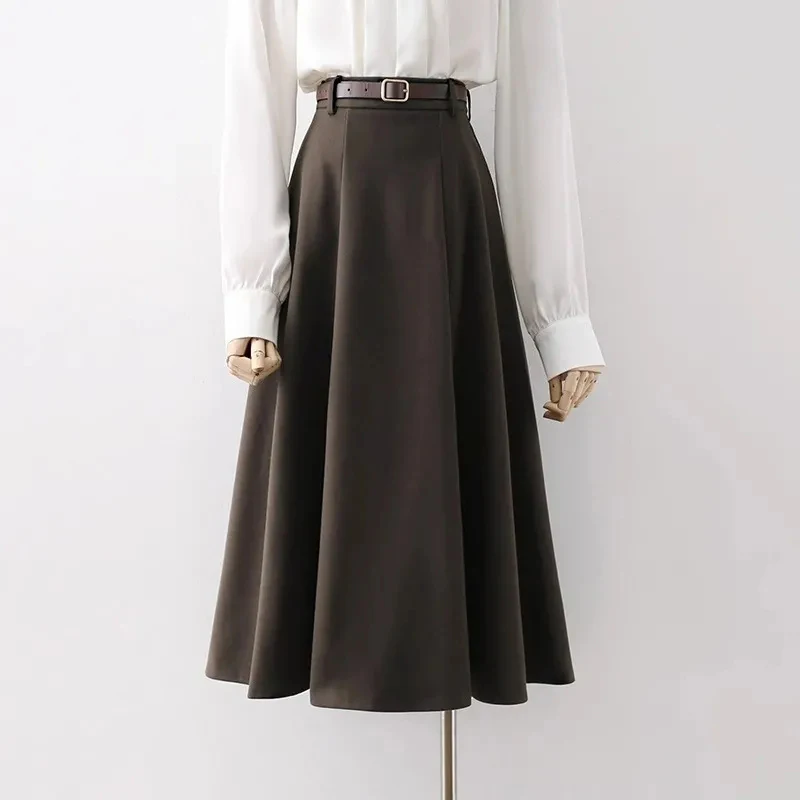 Vintage Belt Woolen Midi Skirt Women Black Pleated Skirts Fall Winter Ladies Korean Elegant High Waist All Match A Line Skirt