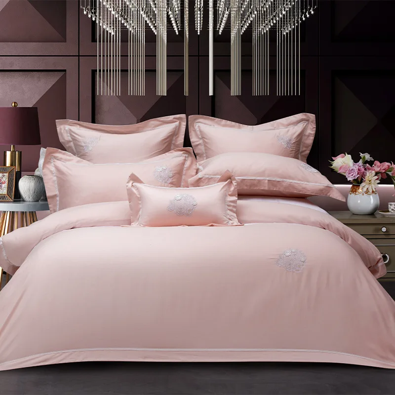 Four-piece light luxury solid color pattern quilt cover pillowcase bed sheet cotton bedding