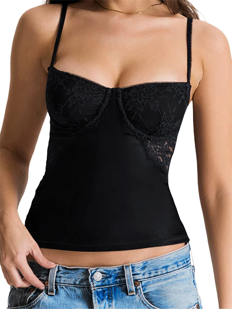 

CHRONSTYLE Vintage Sleeveless Strap V-neck Low Cut Camis Tops for Women Black Slim Fit Lace Patchwork See Through Tank Mini Vest