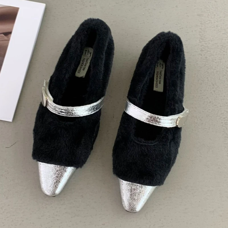 الخريف الشتاء قصيرة رقيق الدافئة حذاء مسطح النساء أشار تو الربط مشبك تصميم ماري جين أحذية السيدات الراحة حذاء كاجوال