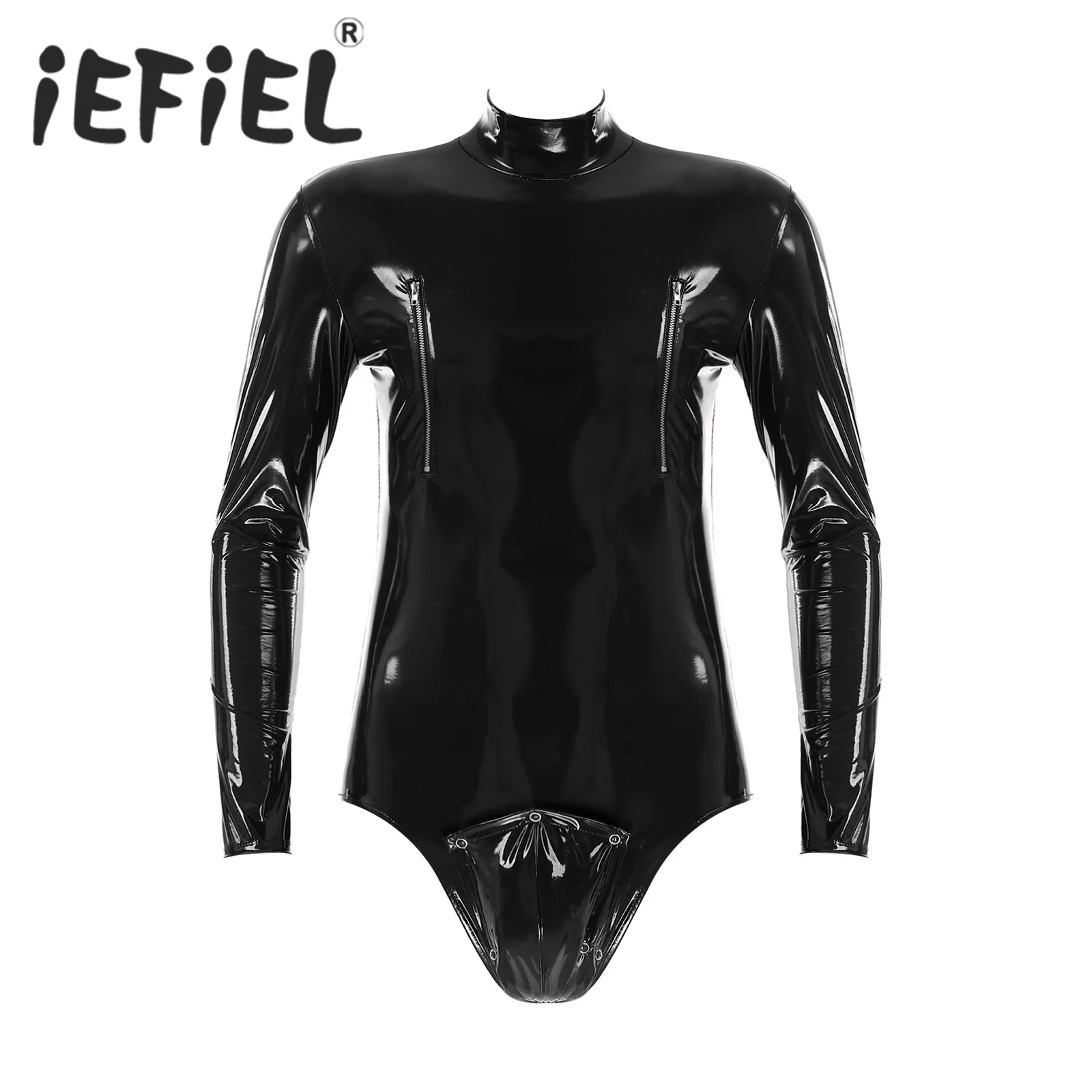 Mens Wetlook Leotard Fashion Long Sleeve Bodysuit Open Crotch Removable Bulge Pouch Patent Leather Catsuit for Clubwear Dancing