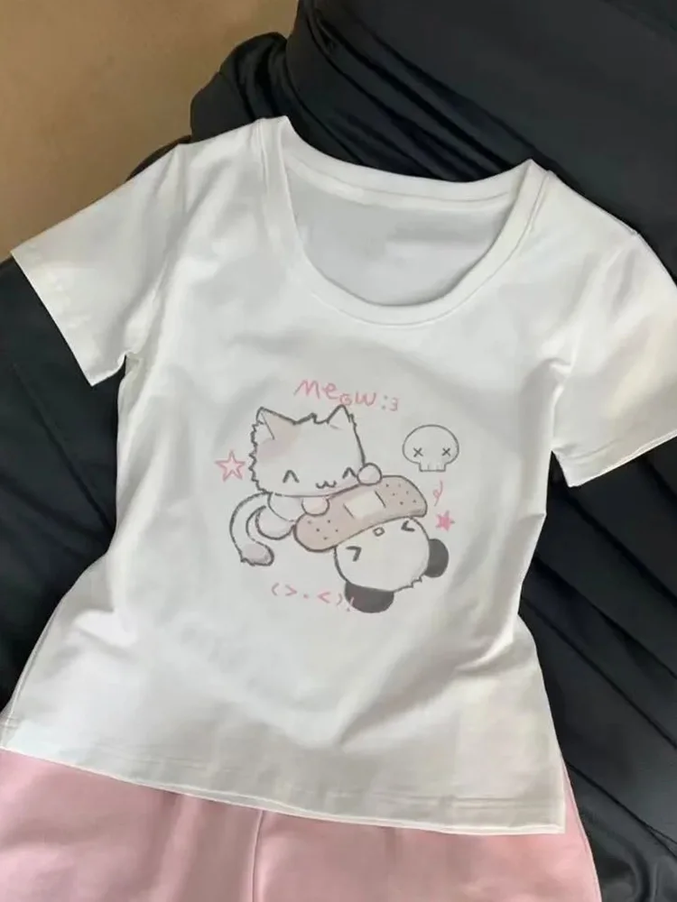 Sommerliches süßes Cartoon-T-Shirt für Damen aus reiner Baumwolle, Kawaii O-Neck Slim Tees im japanischen Vintage Preppy-Stil, süße lässige Damen-Oberteile