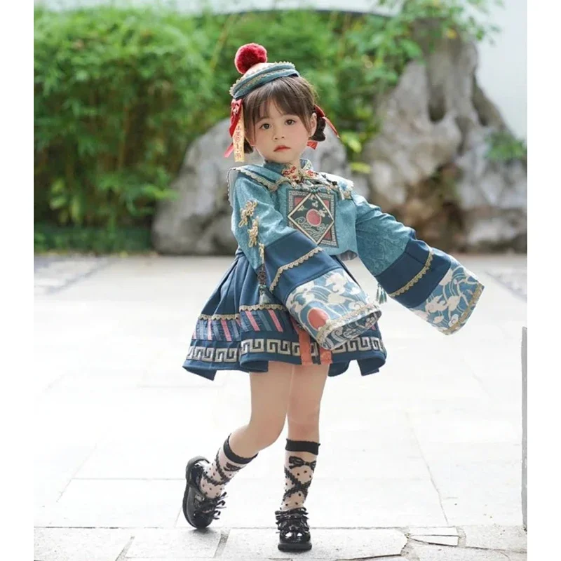 Kawaii Little Zombie Kids Lolita Cosplay Vampire Halloween Costume stile cinese blu bottone in metallo manica a sbuffo abiti con cappello