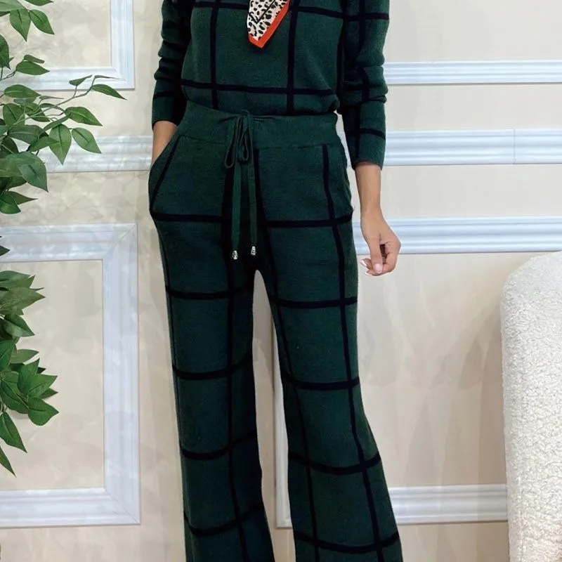 Women Elegant Temperament 2 Piece Sets Solid High Neck Long Sleeve Plaid Printed Trousers Set For Women 2024 Autumn/Winter New