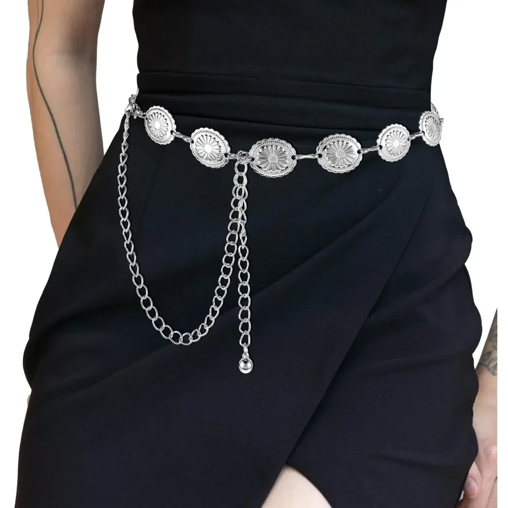 Western Metal Concho Belt Hollow Out Daisy Chain Belt Adjustable Boho Waist Chain Country Concert Outfit for Dress