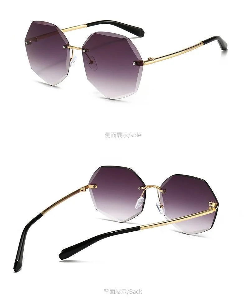Rahmenlose Damen-Sonnenbrille mit Schnittkante, fortschrittliches Gefühl, Metall, robustes Scharnier, trendige Sommer-Sonnenbrille – Detail 7