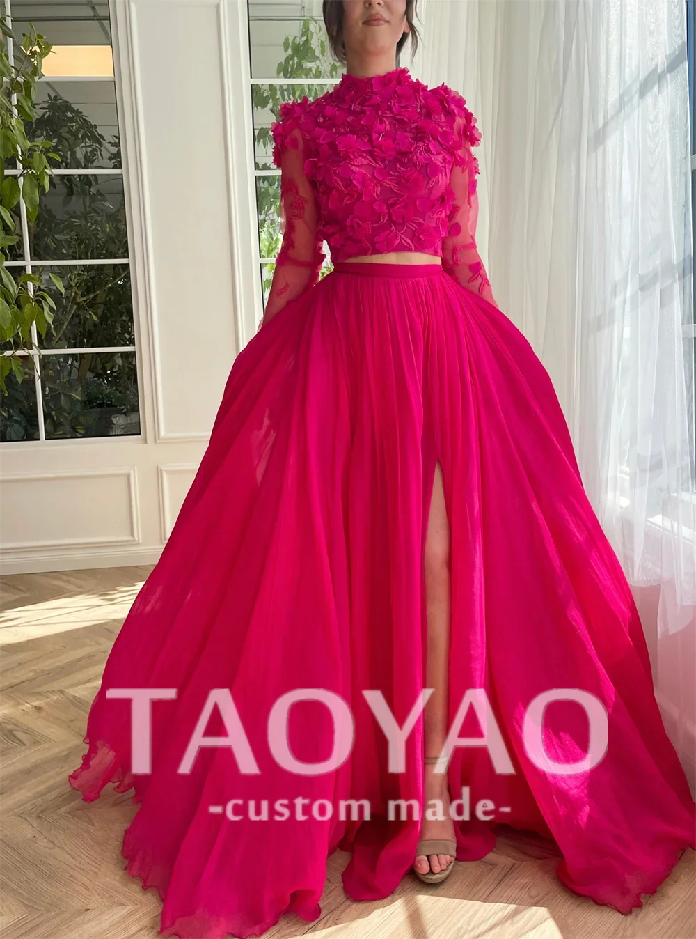 Hot Pink High Neck Chiffon Prom Dress Two Piece Set Evening Dress Long Sleeves فساتين مناسبة رسمية Flower A-line Prom Gown