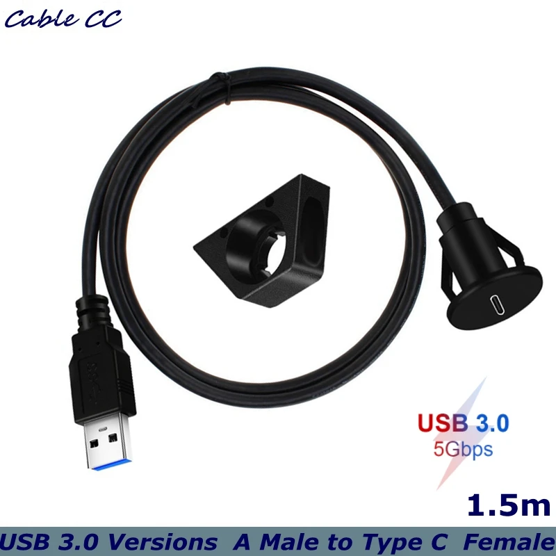 1.5m Small USB 3.0 Versions  A Male to Type C  Female Flush Mount Cable  Panel Mount Extension Cable for Car Boat Dashboard