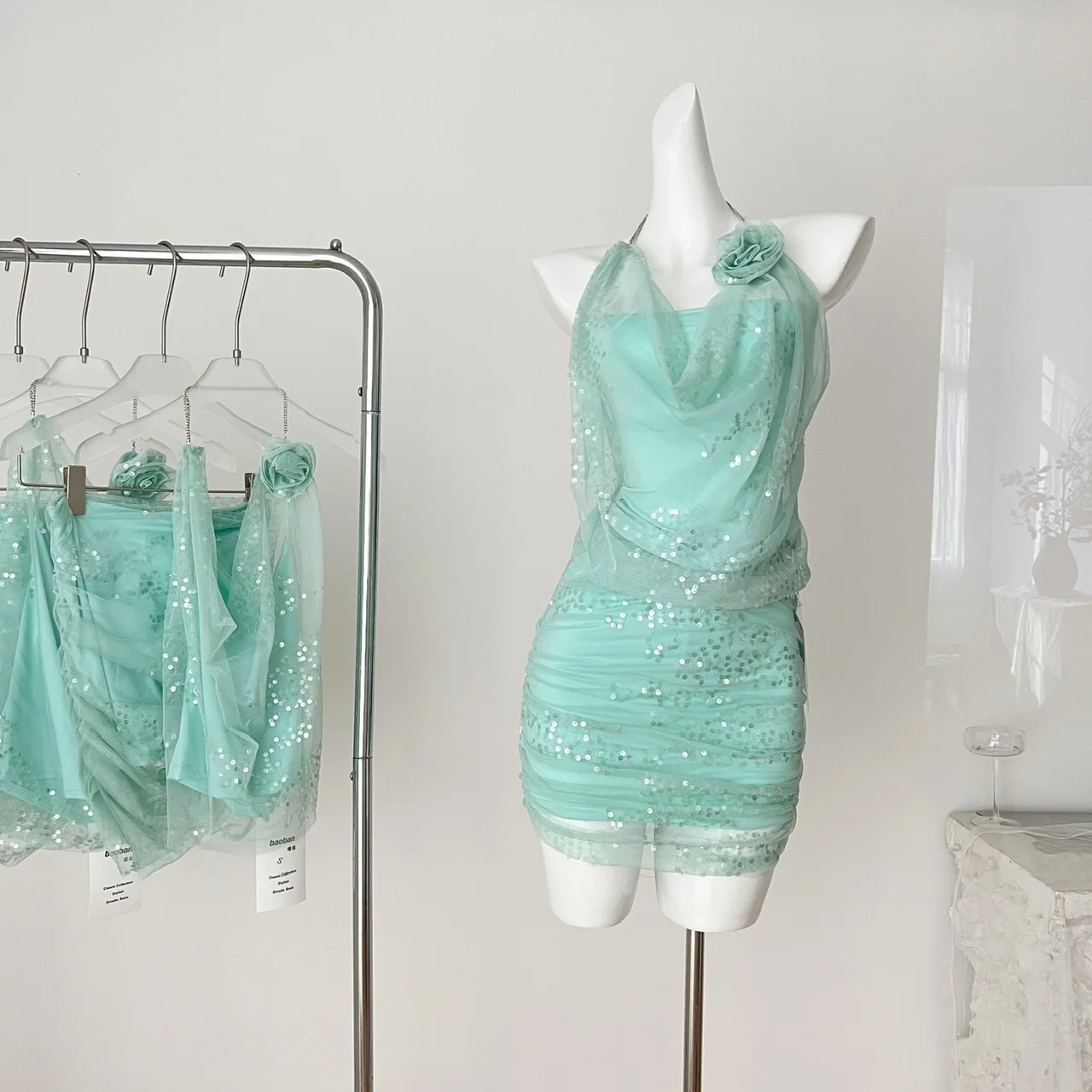 

Summer Women Vacation Rave Trendy Old Money Birthday Solid Color Sequin Mesh Outfits Gyaru Halter Top + Coquette Mini Skirts