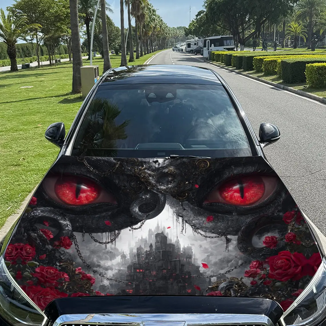 Giant - Eyed Snake - Patterned Dark Castle Car Vinyl Wrap, PVC Material Waterproof Car Hood Sticker, Self-Adhesive Scratch-Resis