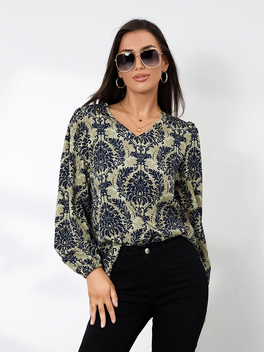 Blusa con estampado de plantas para mujer, camiseta de manga larga con cuello en V, blusa de estilo étnico Retro, ropa informal de primavera y otoño