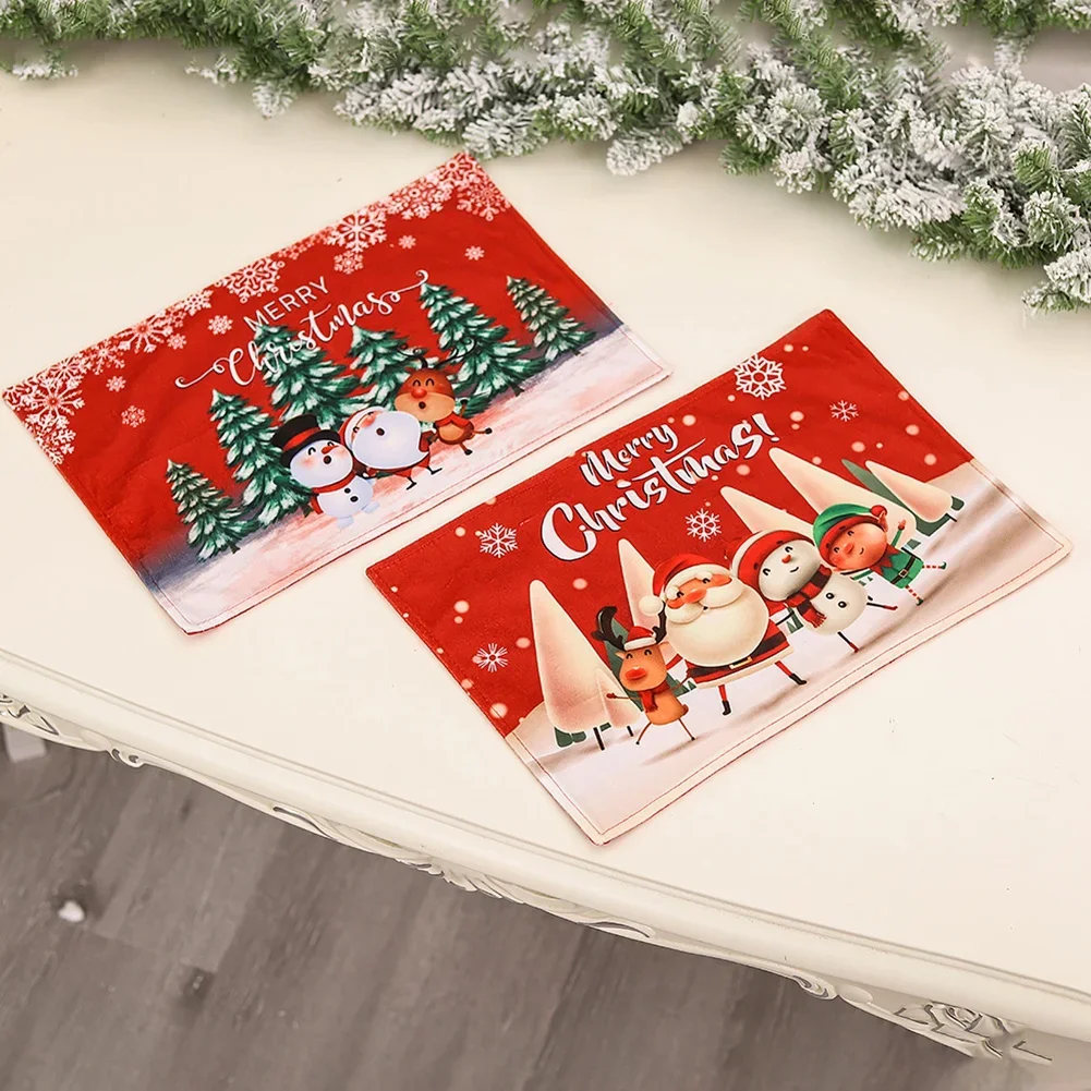 2pcs Linen Christmas Tree Elk Placemat Dining Table Mat Coaster Bowl Coffee Cup Pad Mat For 2024 Navidad Home Kitchen Decoration